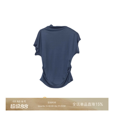 谷可醋酸半高领短袖针织衫女藏蓝