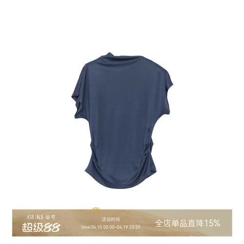 谷可醋酸半高领短袖针织衫女藏蓝