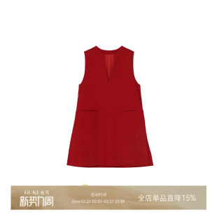 连衣裙女高级感A字背心裙通勤 1绵羊毛红色V领无袖 GKE 谷可LQ1262