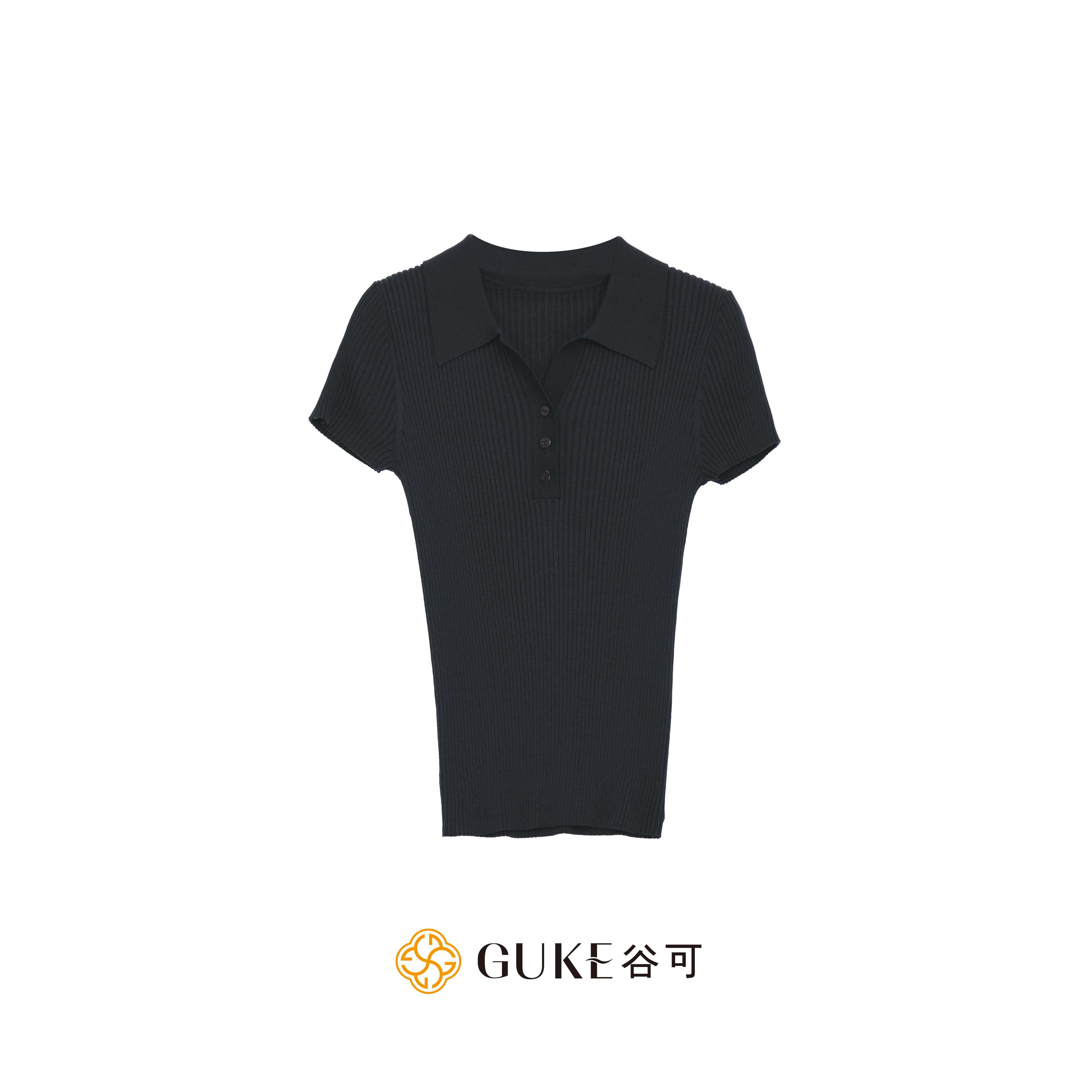 GKE/谷可MS6020 POLO领针织短袖T恤女藏蓝色百搭上衣夏季穿搭
