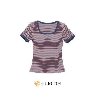 显瘦上衣 T恤女休闲修身 GKE 谷可TC2213复古条纹短袖