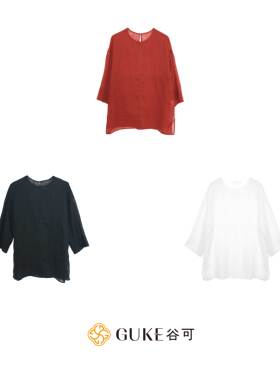 GKE/谷可C1581休闲风苎麻衬衫女九分袖宽松百搭红色文艺风上衣
