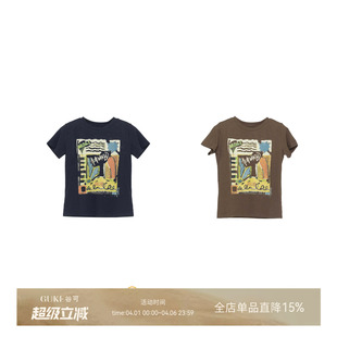 GKE 复古印花短袖 潮牌T恤女圆领修身 显瘦上衣 谷可TC2233美式