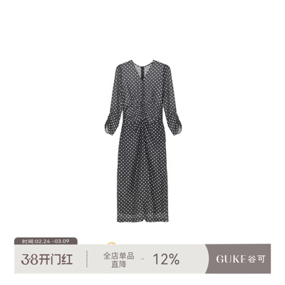 谷可黑波点长袖收腰显瘦连衣裙