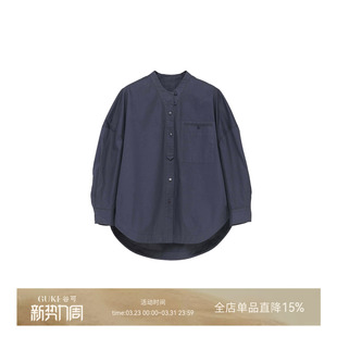 GKE谷可S1125休闲风纯棉长袖 女宽松廓形圆领藏蓝色通勤衬衣 衬衫