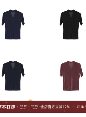 GKE/谷可C1252V领四分袖T恤女修身显瘦醋酸针织上衣休闲风