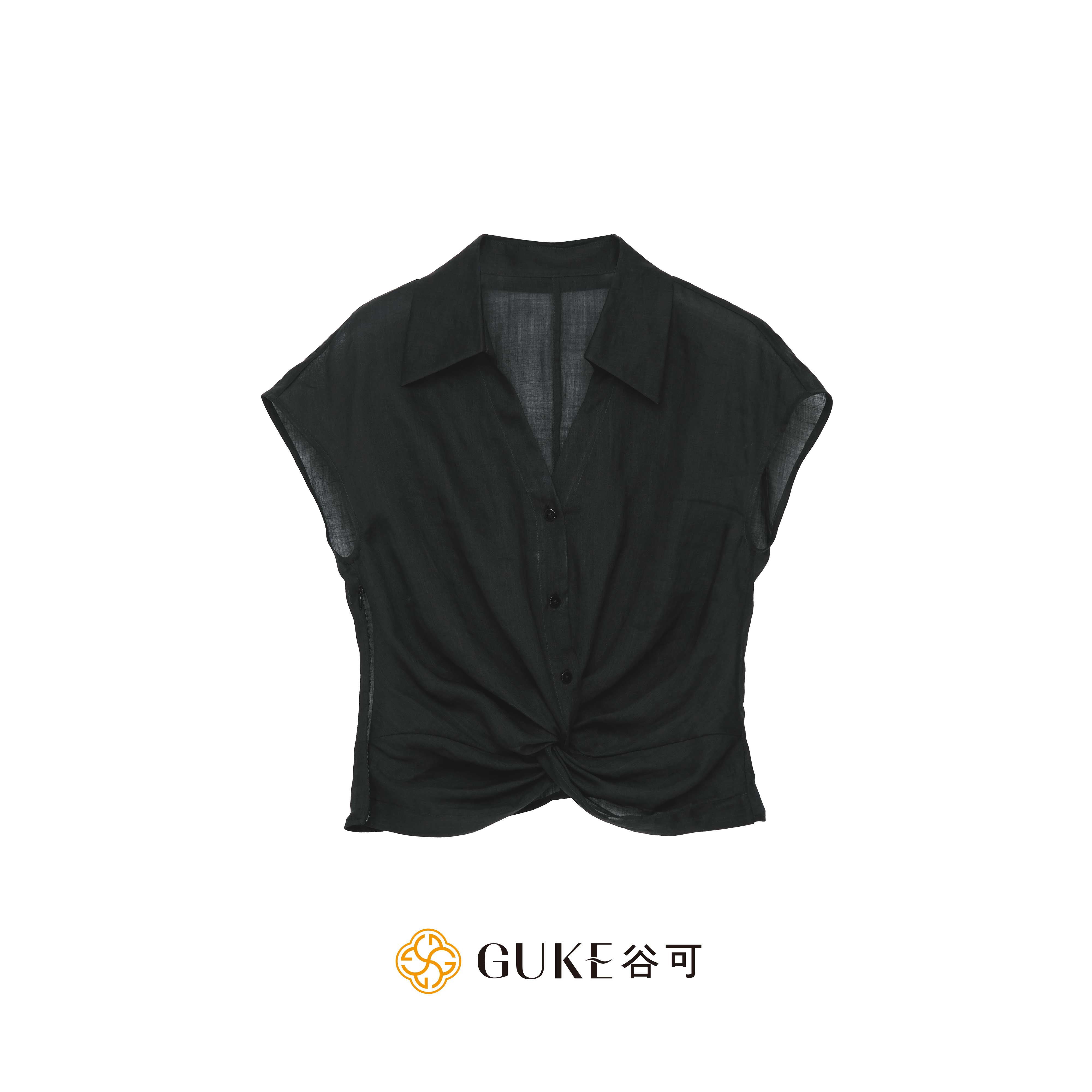 谷可法式扭结收腰短袖衬衫女图片