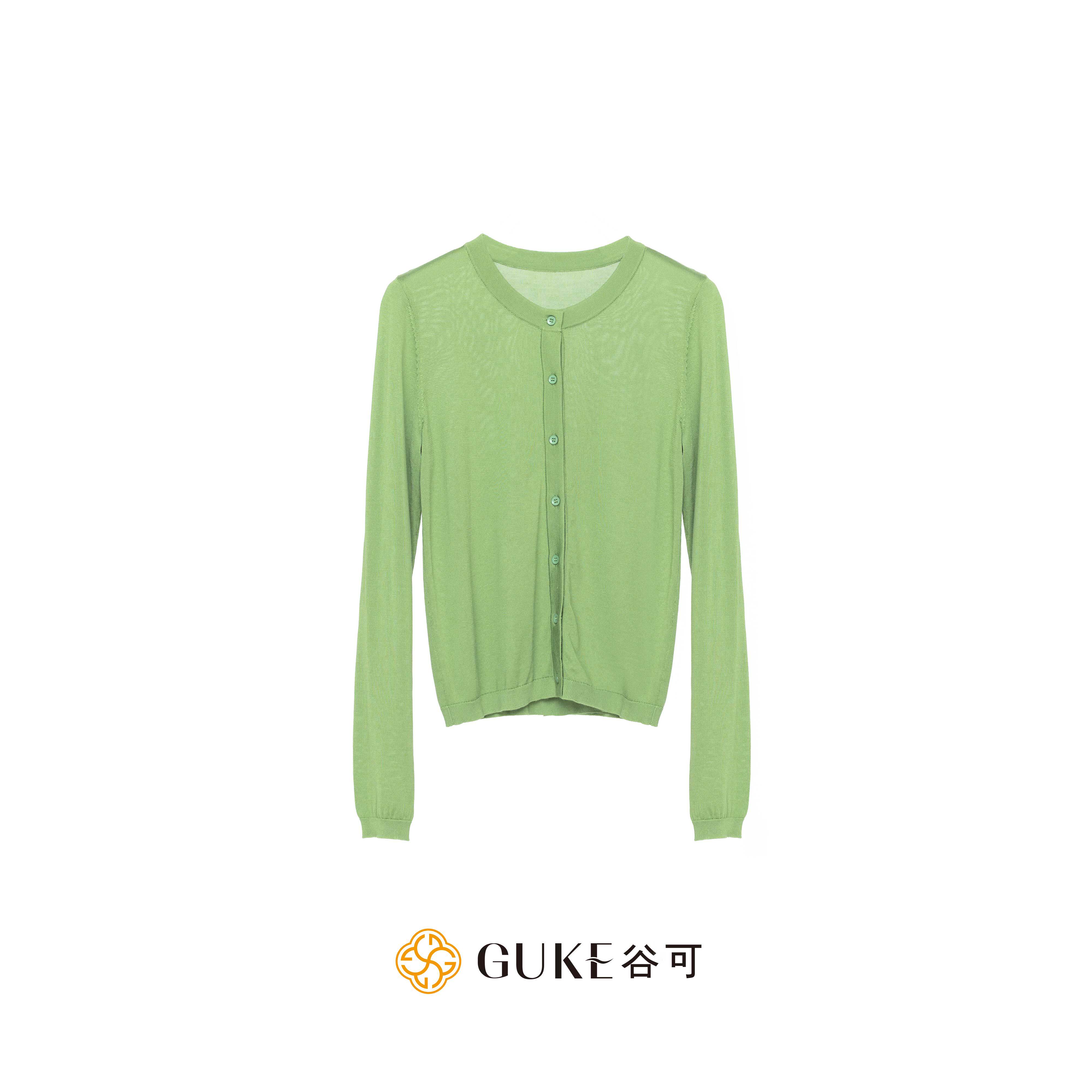 GKE/谷可MS6002极简风莱赛尔针织开衫女春季薄款圆领单排扣外套