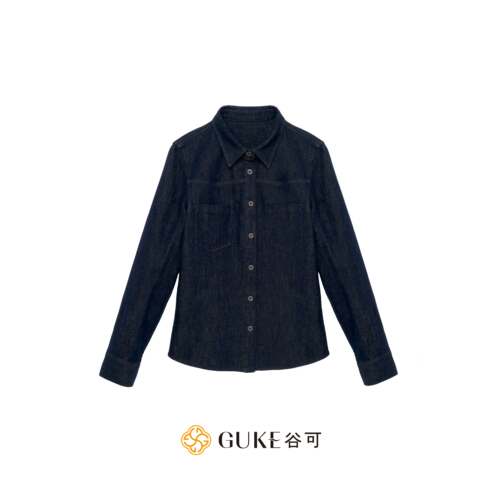 谷可深蓝复古直筒牛仔衬衫女