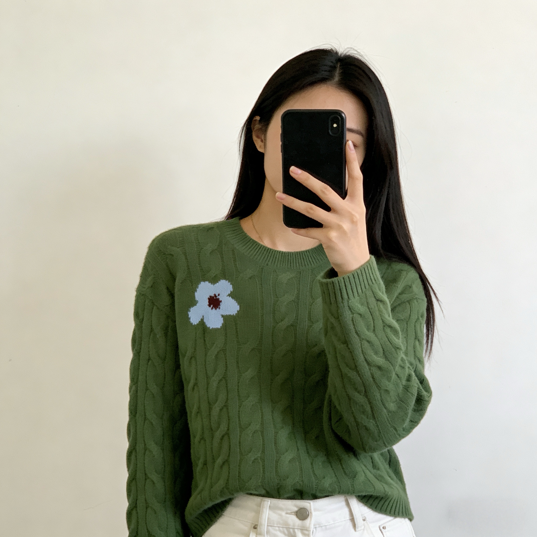 100纯羊绒绿色圆领绞花羊绒衫女长袖花朵刺绣套头毛衣慵懒风针织