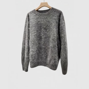 毛绒绒~珍奢重磅100山羊绒衫女拉绒圆领套头宽松毛衣慵懒软糯灰色