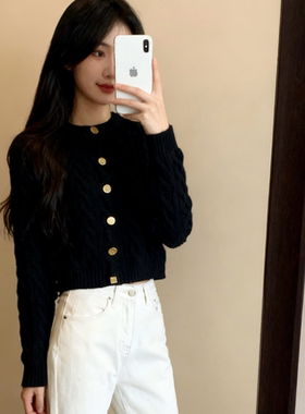 初绒羊绒开衫绞花纯色100山羊绒开衫针织女百搭舒适金扣毛衣打底