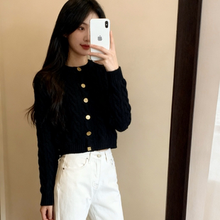 初绒羊绒开衫绞花纯色100山羊绒开衫针织女百搭舒适金扣毛衣打底