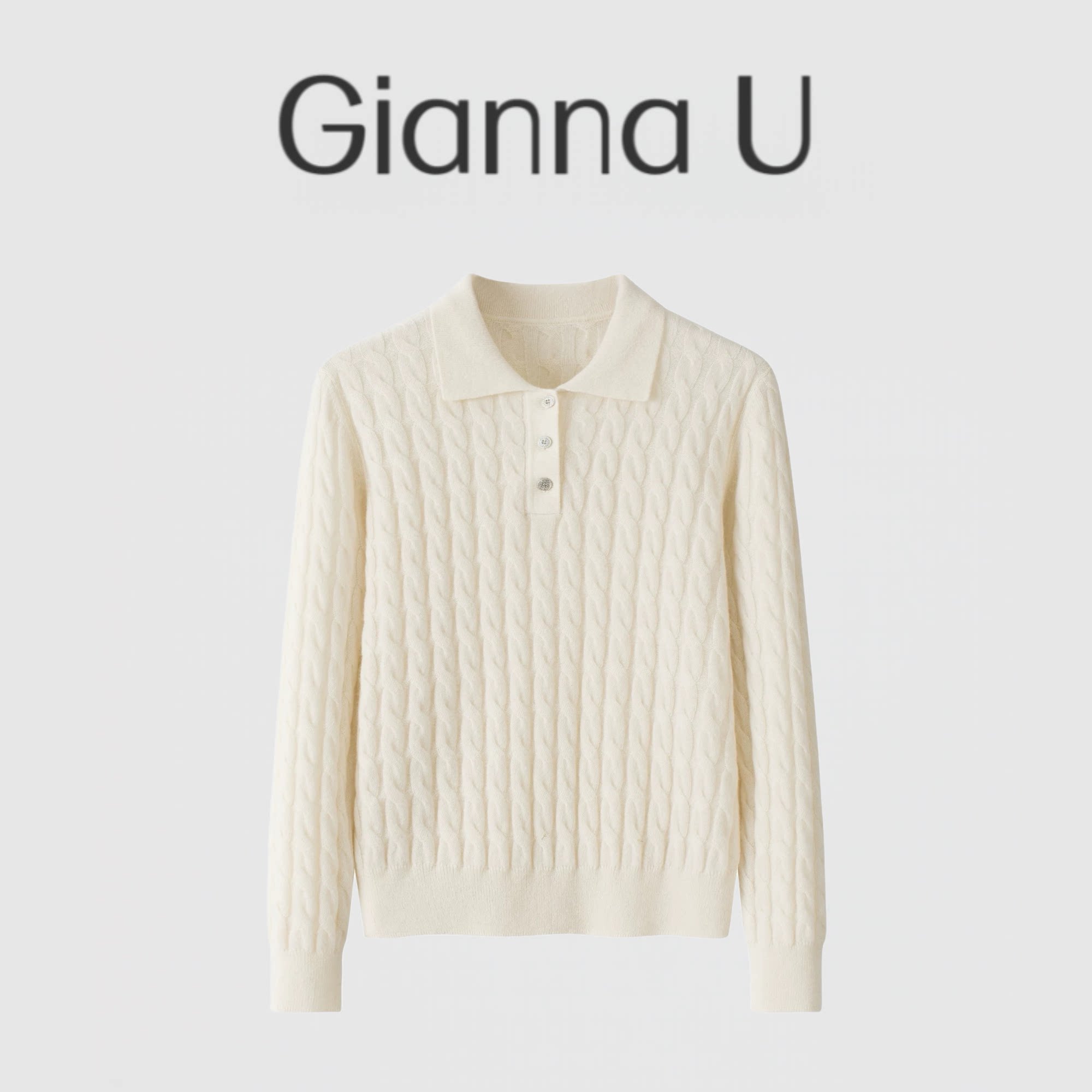 法式复古POLO领~100%羊绒绒麻花长袖女修身显瘦亲肤套头针织白色