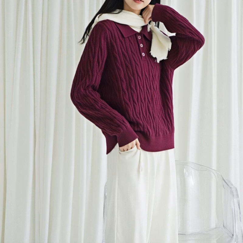 麻花小翻领~内蒙古100全羊绒衫女POLO领绞花毛衣宽松针织简约上衣