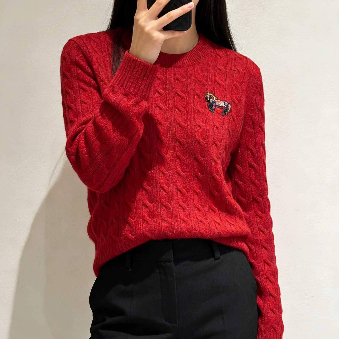 绞花圆领羊绒套衫25冬新品红色麻花针织衫女长袖新年礼物本命年