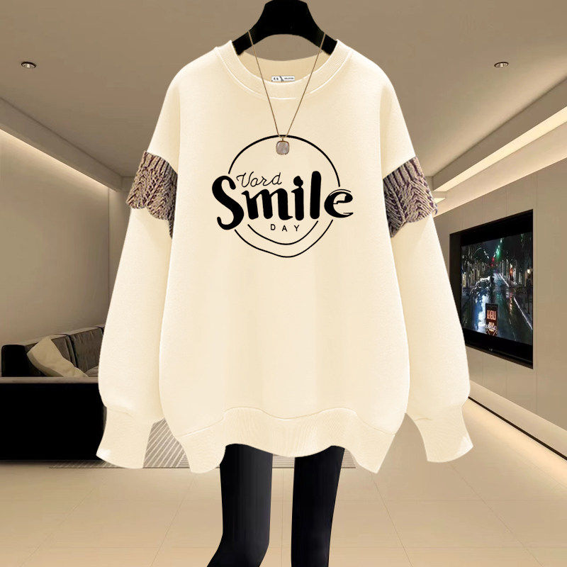 圆领卫衣女2025秋冬新款宽松韩版套头加绒加厚拼接中长款遮屁股潮,个性定制/设计服务/DIY,棉服工装,淘宝优惠券,粉丝福利购,淘宝优惠卷