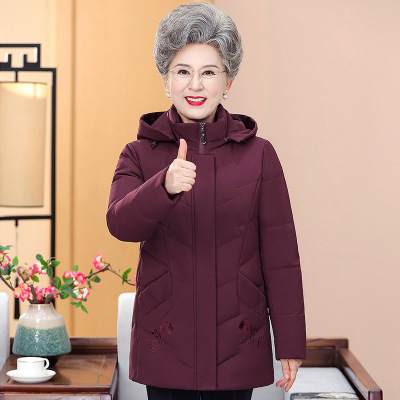新款洋气连帽中老年人羽绒服女士中长款大码加厚妈妈冬装奶奶外套