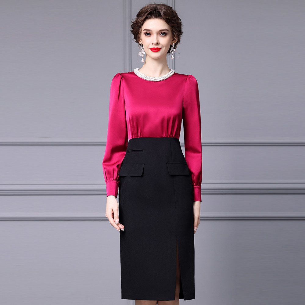 枝荔高贵女人味气质包臀裙2024春季新款领口手工钉珠假两件连衣裙