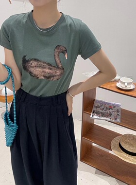 JTENGC吉藤 2024夏季新款时尚天鹅图案圆领短袖短款T恤女上衣6151