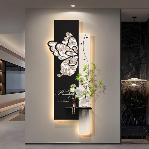 中古风玄关装饰画2026新款入户走廊过道挂画高级感蝴蝶灯光壁画