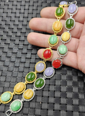 翠玉干青蛋面玉石手链黄龙玉镶嵚手链五彩多宝手链碧绿色手串