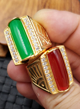 厂家直销天然玉石绿色石英岩玉平安牌戒指鸡血红戒指玉石戒指指环