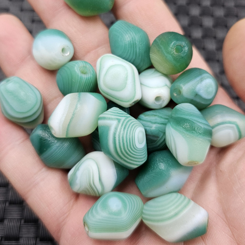 包浆绿缠丝玛瑙路路通玉石散珠哑光玉髓腰鼓珠勒子饰品配件珠子