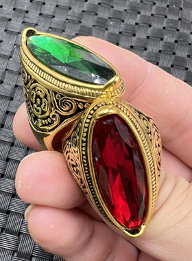 玉石戒指冰种白色锆石戒指鸡血红菱形戒指墨绿色大号戒指文玩复古