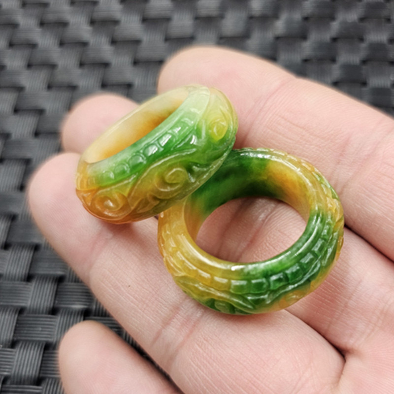 优化翡翠玉干青雕花玉石戒指黄斐雕刻如意戒指玉指环跑环吊环指环