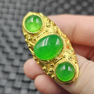 碧绿色玉石戒指阳绿蛋形活口戒指菠菜绿大号男女同款戒指指环