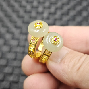新疆和田玉平安扣玉石戒指黄绿色玉扣活口戒指饰品戒指玉指环手饰