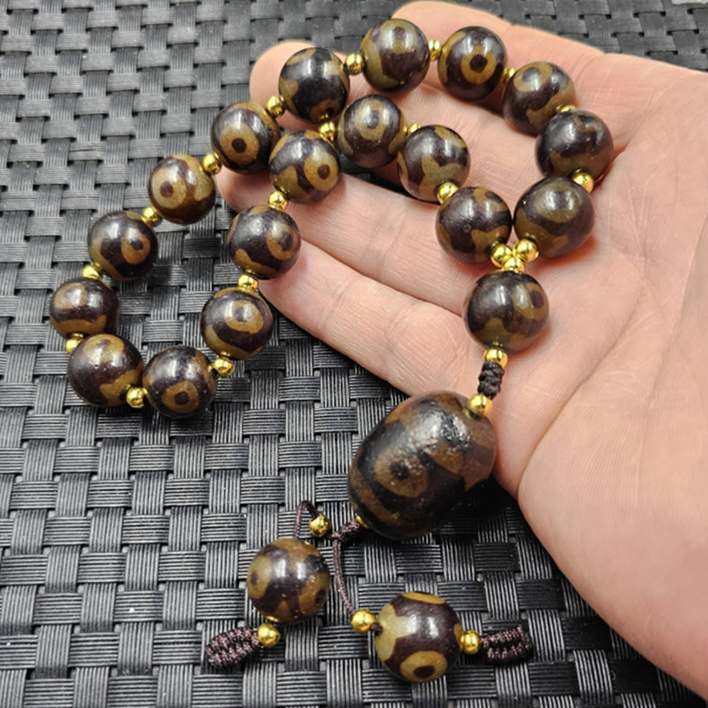 包浆深透咖啡色三眼天珠玉石佛珠白线型玛瑙天珠手串佛珠念珠手饰