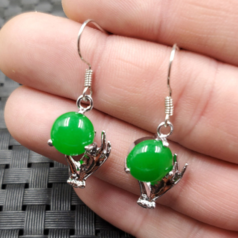 玉石挂件台湾碧玉掌上明珠挂件石英岩玉佛手耳环碧绿色耳环玉耳坠