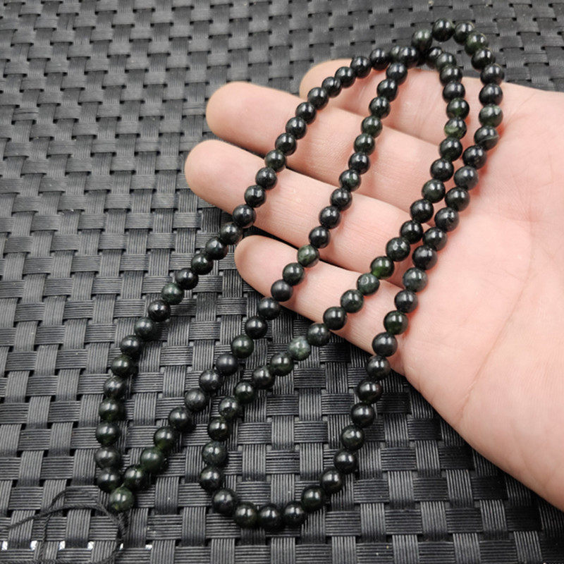 新疆墨绿玉圆珠挂件绳蛇纹石玉吊坠绳玉石珠链绳毛衣链玉项链