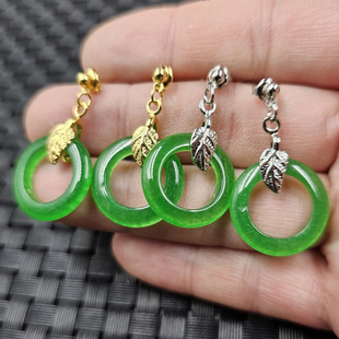 碧绿色平安扣玉石耳环菠菜绿石英岩玉圆环耳环玉耳坠玉耳饰