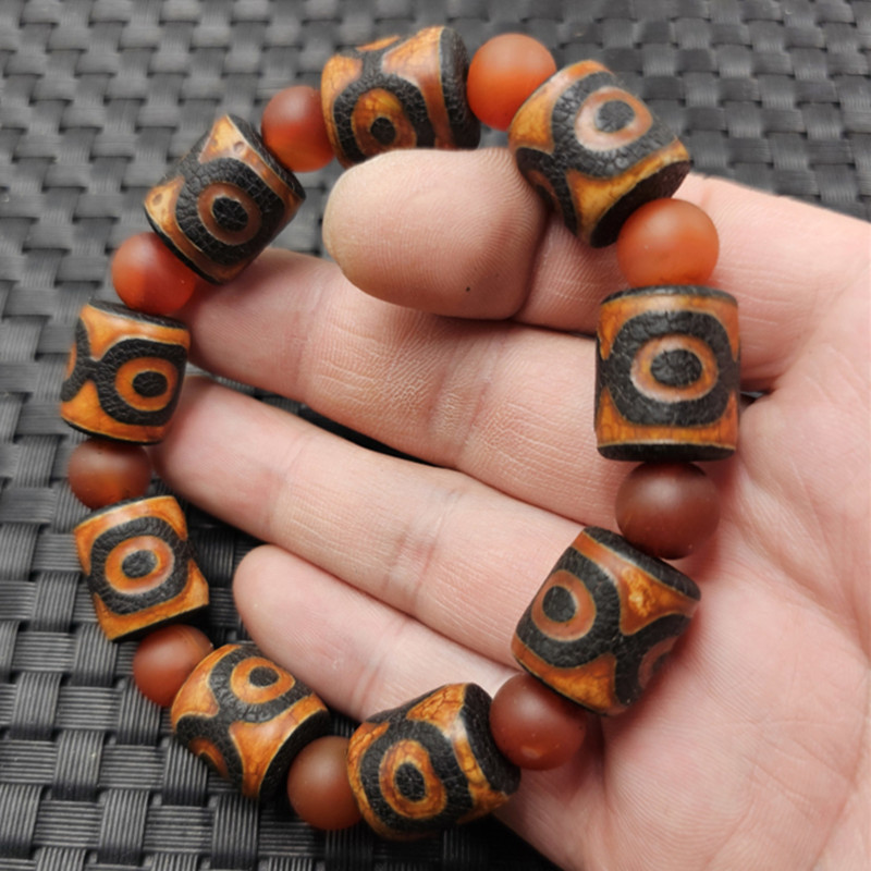 风化玛瑙三眼天珠路路通玉石手链仿古玛瑙桶珠直柱男女同款手串