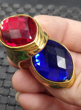 冰种宝蓝色锆石玉石戒指鸡血红锆石切面戒指菱形戒指仿古戒指