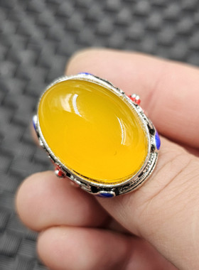 冰种黄玉髓蛋面玉石戒指