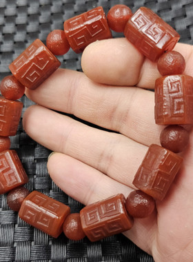 包浆六棱玛瑙回纹珠玉石手链