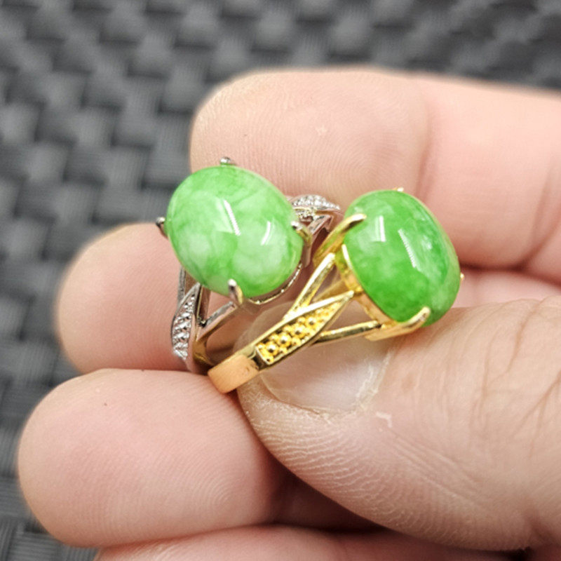 翡翠玉干青蛋面玉石戒指白底青活口戒指椭圆戒指男女同款指环手饰