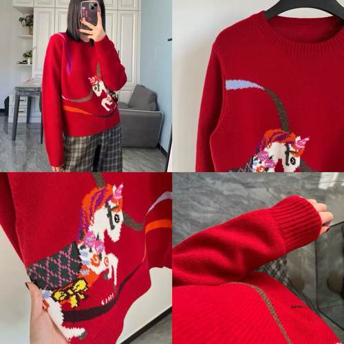 新年红！90羊毛10羊绒 红色独角兽 提花圆领毛衣针织衫女宽松百搭