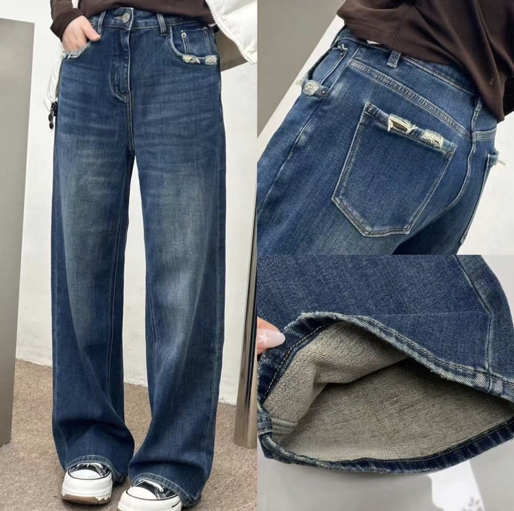 现货发 加绒款 洋气时髦 宽松显瘦 破洞阔腿直筒牛仔裤p3