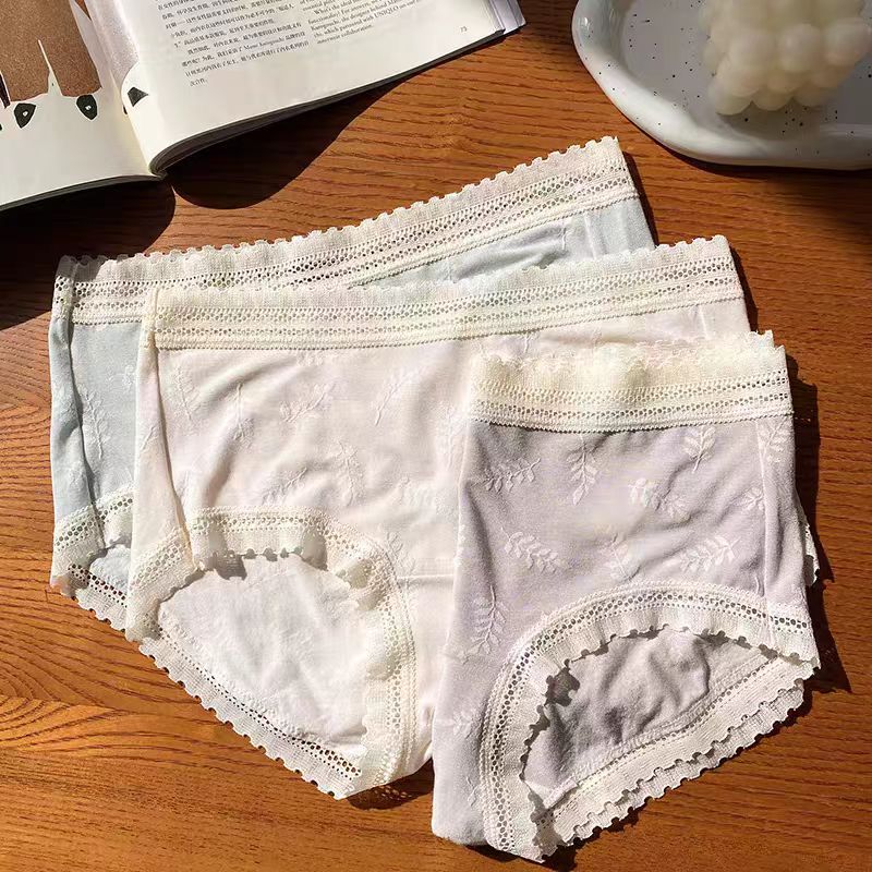 无尺码弹力 60支锦莫混纺3条装提花女士桑蚕丝真丝底裆内裤三角裤