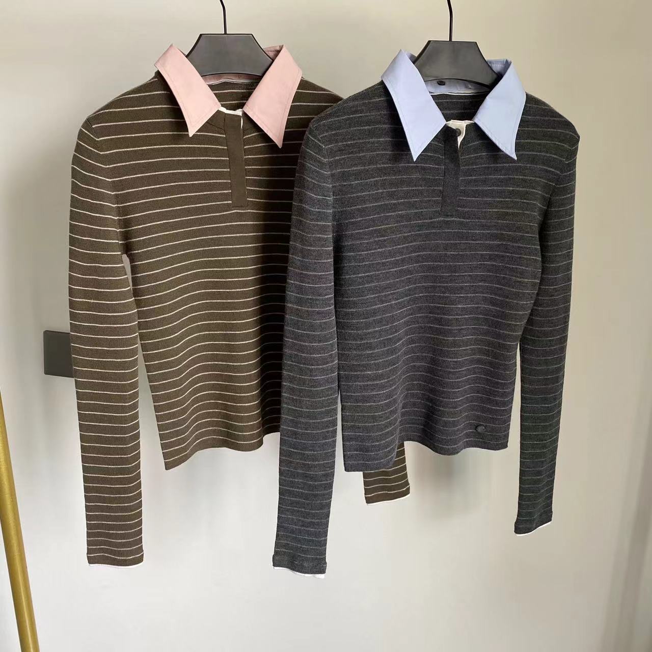 巨显瘦显身材！气质通勤 zz条纹假两件翻领针织衫修身气质上衣p3