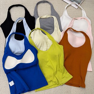 新款 显瘦外穿露背上衣 辣妹美背挂脖吊带背心女带固定乳胶胸垫修身