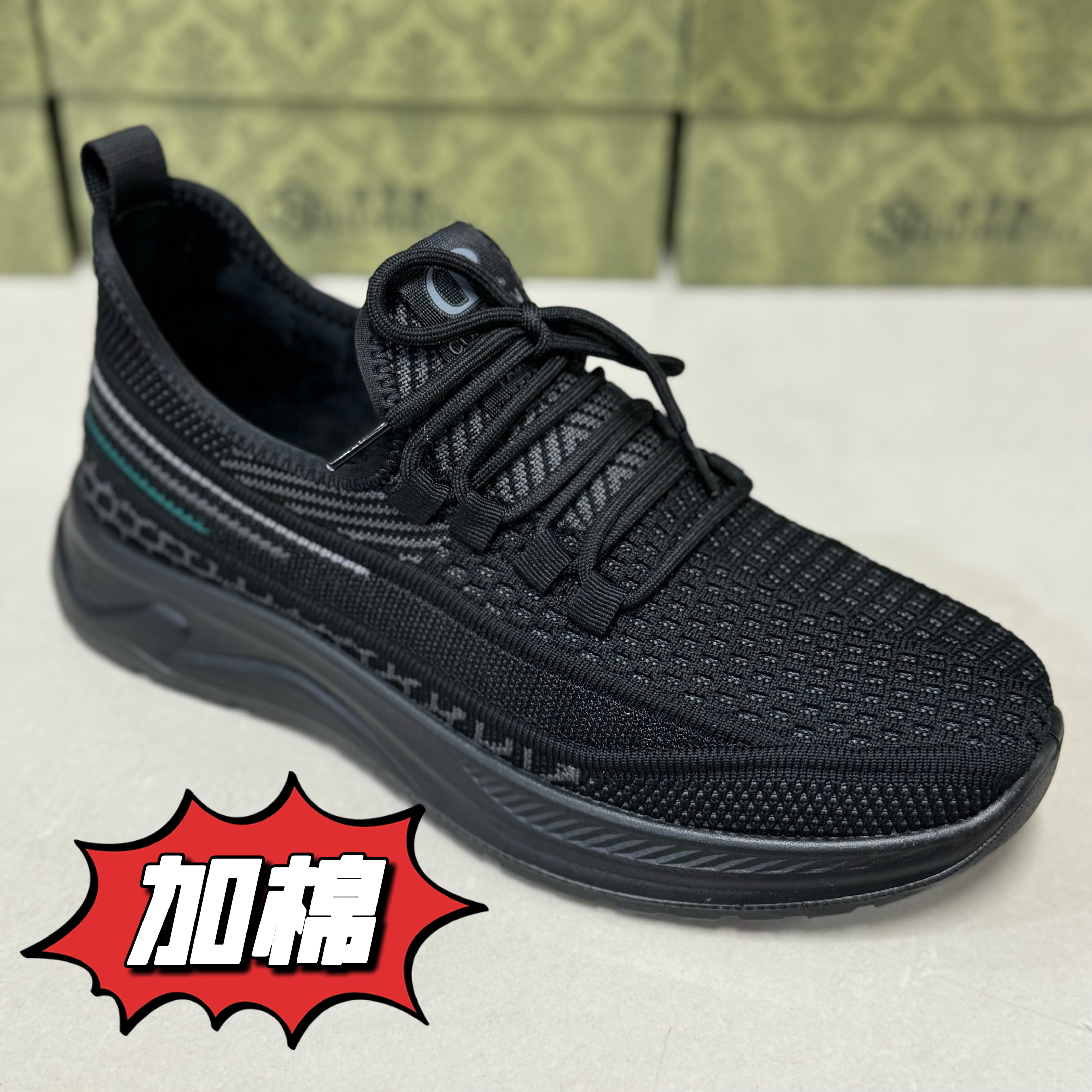 2025新款男鞋网面透气健步鞋免系带厚底休闲运动鞋飞织鞋加棉