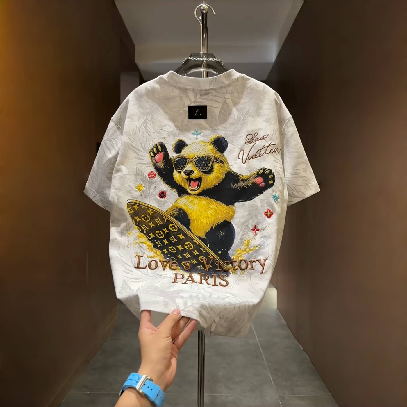 欧货轻奢潮牌熊猫冲浪老钱刺绣短袖t恤男士枫叶满印休闲半袖上衣