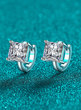 D色2克拉莫桑石耳钉S925纯银镀铂金正方耳扣简约气质女友礼物高级
