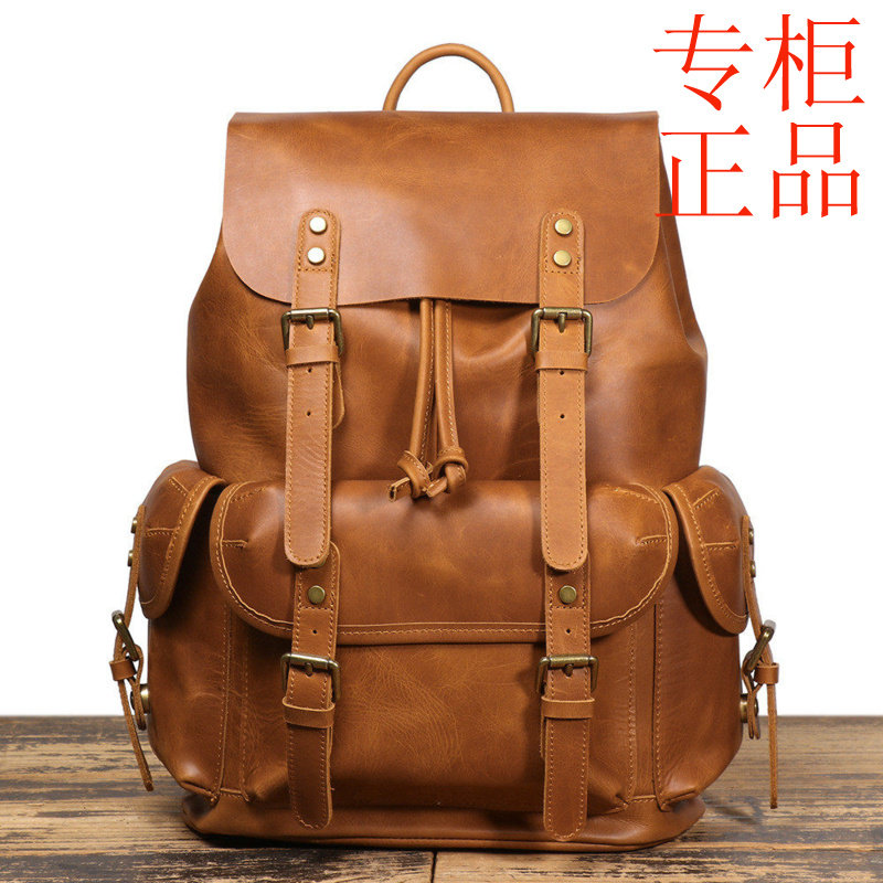 ㊣复古手工复古牛皮双肩包个性潮牌真皮男背包学生潮流旅行休闲书